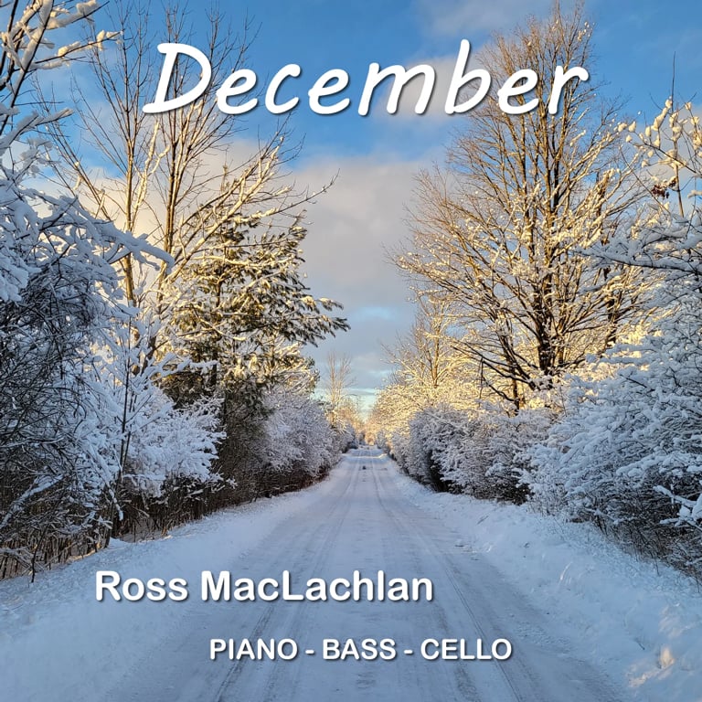 Snowy winter road lined with frost-covered trees under blue sky, with December and Ross MacLachlan text overlay