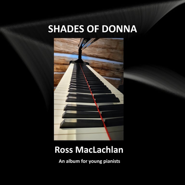 Piano keyboard shot from above with red marking on keys, album cover for Shades of Donna by Ross MacLachlan