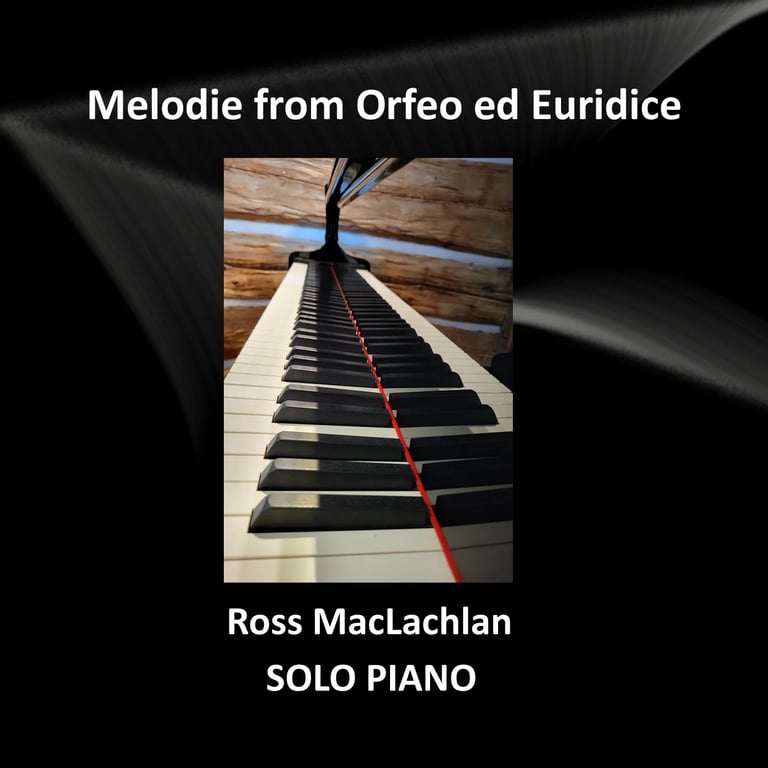 Piano keyboard viewed from above with red ribbon accent, titled Melodie from Orfeo ed Euridice, performer Ross MacLachlan Solo Piano