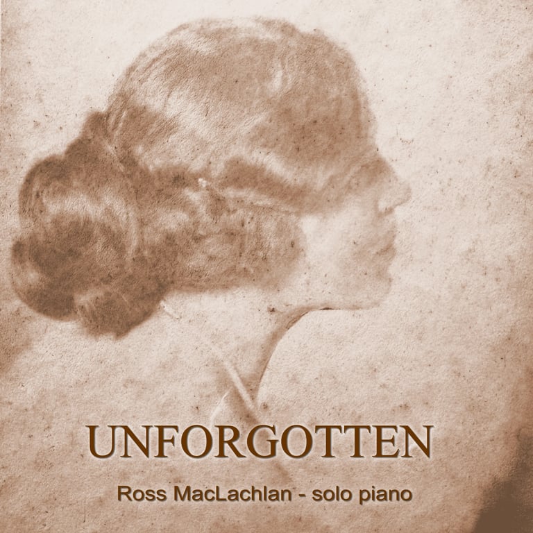 Vintage sepia-toned portrait of a woman in profile with styled hair, with text reading Unforgotten and Ross MacLachlan - solo piano