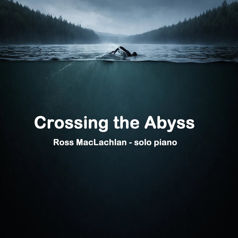 Swimmer in a lake with forested mountains, text overlay reads Crossing the Abyss, Ross MacLachlan solo piano